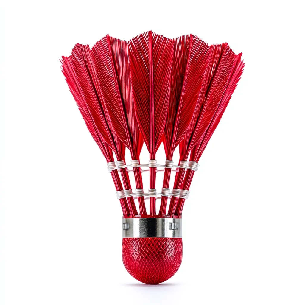 A vibrant red shuttlecock, used in the game of badminton, is presented against a stark white background.  Its numerous red plastic feathers are meticulously arranged around a metallic band encircling the cork base. The image highlights the shuttlecock's detail and bright color, creating a visually striking composition.