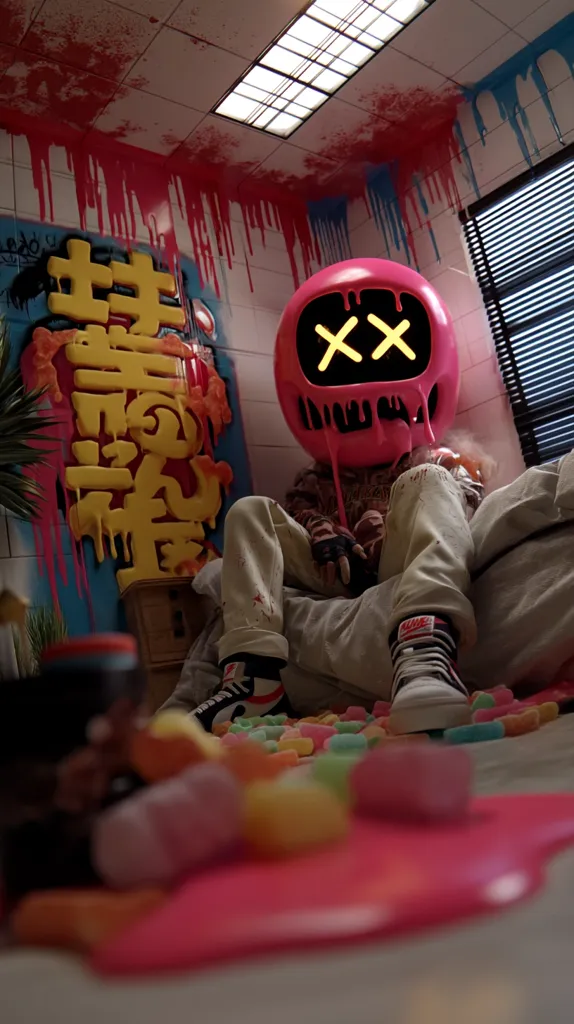 A person wearing a large, pink, dripping head with "XX" eyes sits on a couch amidst a colorful, graffiti-covered room.  The room is messy, with scattered candy and paint splatters on the walls and floor.  The person's attire consists of light beige pants and Nike sneakers. The overall aesthetic is vibrant and slightly chaotic.