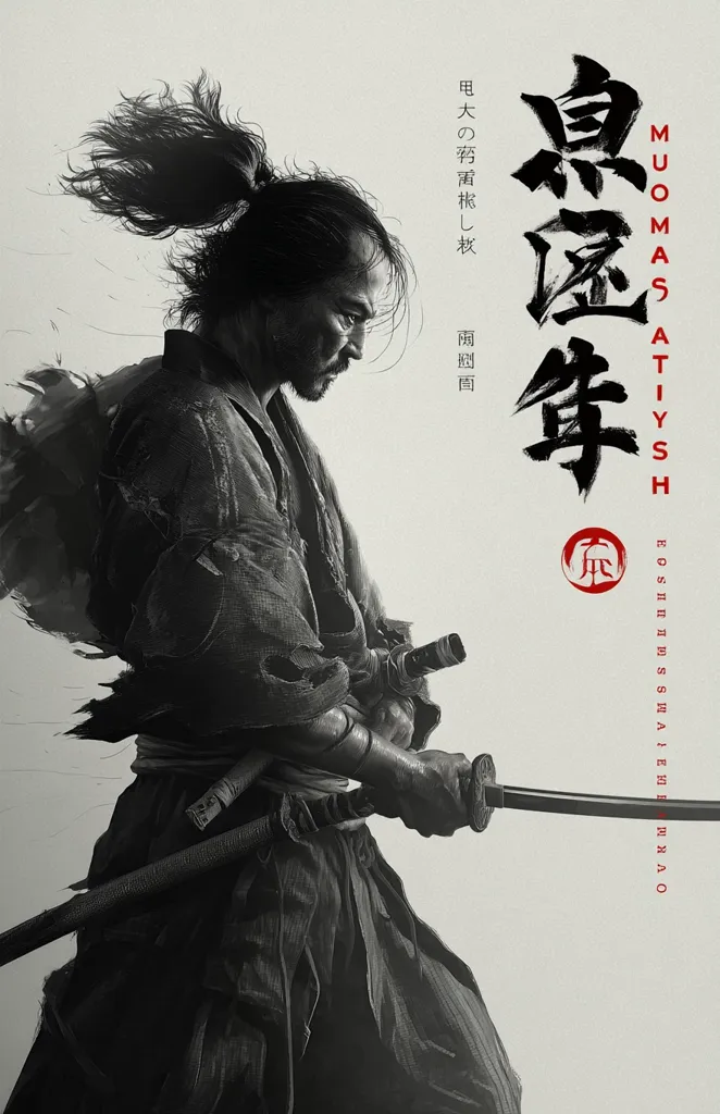 A monochrome poster depicts a samurai, his back to the viewer, his hair pulled back in a topknot.  He holds a katana, his posture suggesting readiness.  The background is a muted gray, enhancing the starkness of the figure.  Japanese characters are prominently displayed, likely the film's title and credits. The overall aesthetic is gritty and evocative of classic samurai cinema.