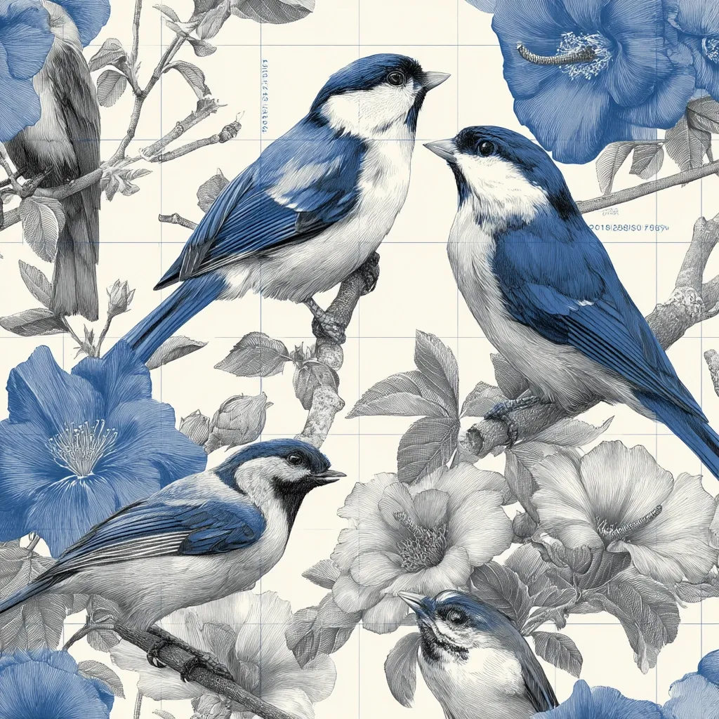 A detailed illustration showcases four blue birds perched amidst a delicate arrangement of gray and blue hibiscus blossoms.  The birds, rendered in shades of blue and gray, are meticulously detailed, contrasting with the softly shaded flowers.  The overall style is reminiscent of vintage botanical prints, creating an elegant and serene aesthetic.  A grid pattern subtly underlays the design.
