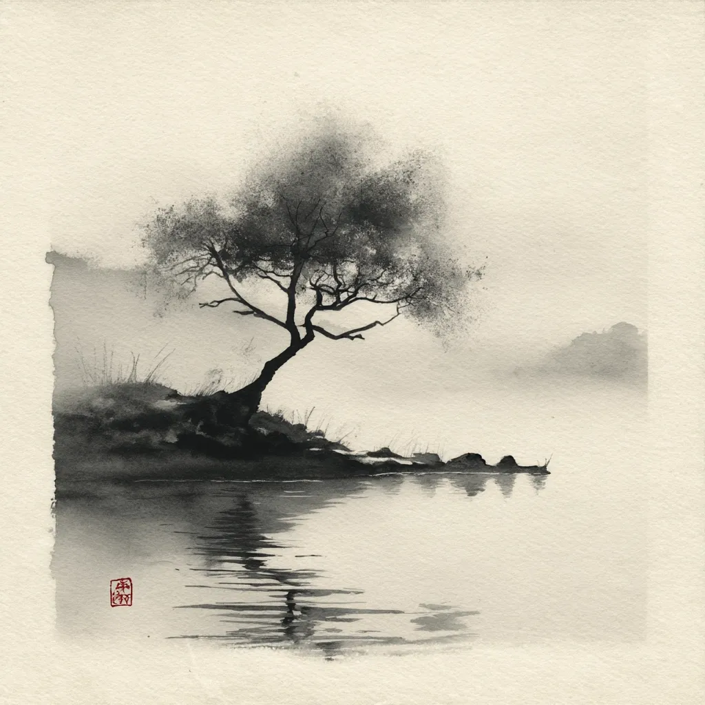 A monochrome watercolor painting depicts a solitary tree on a small, rocky island. The tree, rendered in shades of gray and black, leans gracefully towards the calm water. Its reflection is mirrored on the still surface, creating a sense of tranquility. A soft mist hangs in the air, adding to the serene atmosphere. The overall style evokes a minimalist, Eastern aesthetic, with a focus on simplicity and natural beauty. A small red seal is visible in the lower left corner.