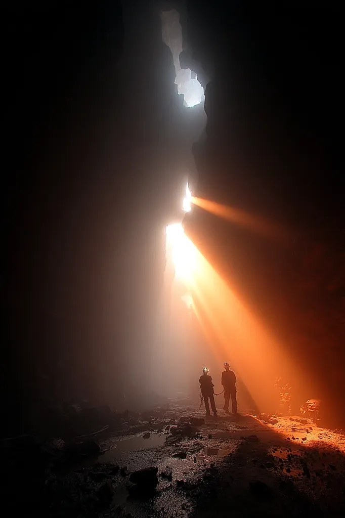 Two figures, silhouetted against a dramatic beam of sunlight penetrating a dark cave, stand on a damp cave floor.  The light creates a mystical atmosphere, illuminating the rough texture of the cave walls and highlighting the explorers' presence in the vast, shadowed space.  The scene suggests a sense of adventure and exploration in a hidden world.