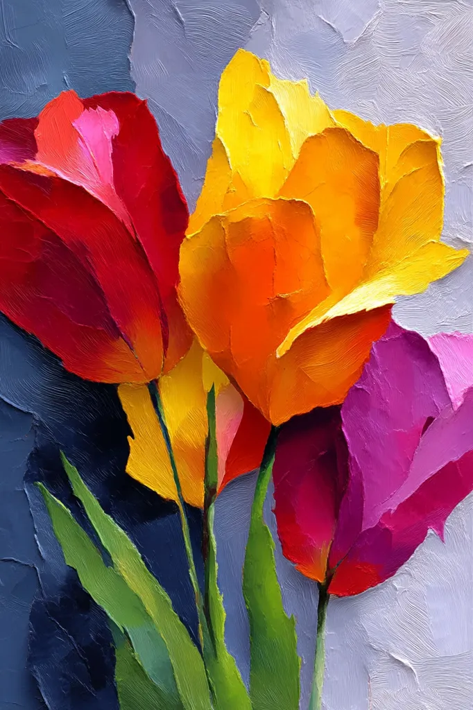 A vibrant oil painting depicts three tulips in bold, contrasting colors.  A deep crimson red, a fiery orange-yellow, and a rich fuchsia pink tulip are clustered together, their petals rendered with thick, visible brushstrokes.  The stems and leaves are a deep green, contrasting against a textured, muted gray-blue background. The impasto technique gives the flowers a three-dimensional quality.