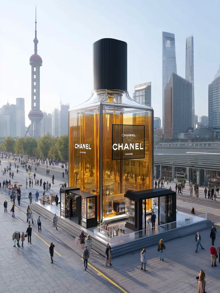 A giant Chanel perfume bottle stands in a city square, its amber liquid visible through clear glass panels. The bottle functions as a pop-up shop, with smaller kiosks surrounding its base. People stroll around the installation, which is situated in front of modern skyscrapers, with the iconic Oriental Pearl Tower visible in the background. The scene is a blend of luxury branding and urban architecture.