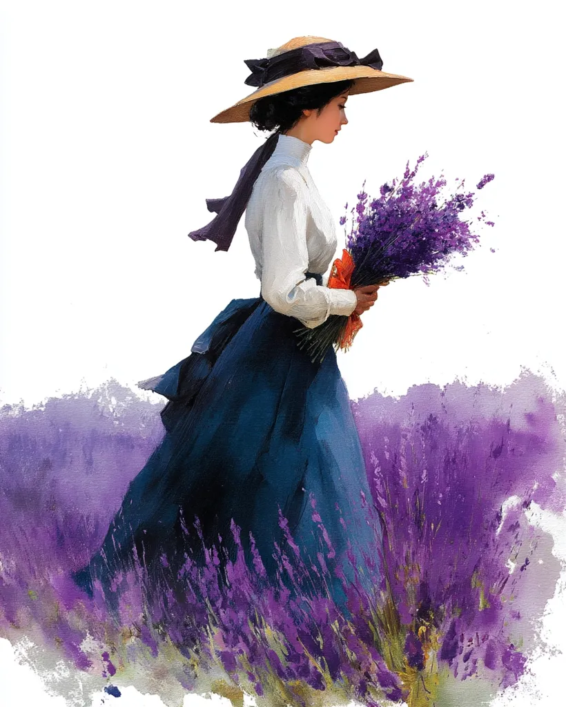 A watercolor painting depicts a woman in a long blue dress and wide-brimmed hat walking through a lavender field.  She carries a large bouquet of lavender, her posture graceful and serene.  The style is impressionistic, with soft brushstrokes and a focus on light and color. The overall impression is one of romantic beauty and tranquility.