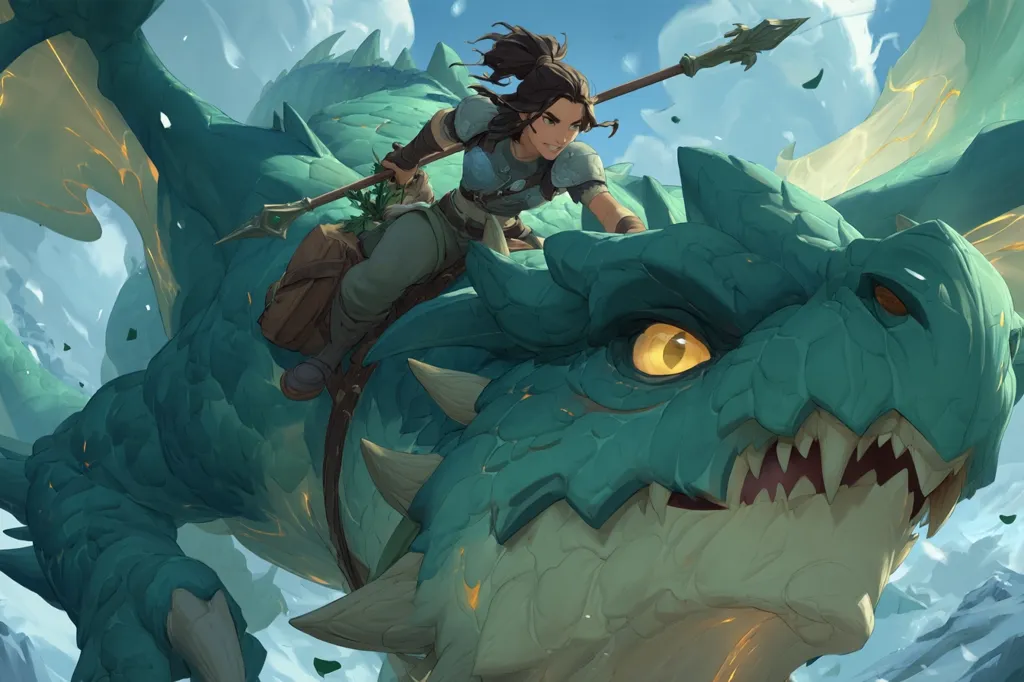 A young woman with brown hair confidently sits astride a large, teal dragon. She wields a spear, her attire suggesting a journey.  The dragon's scales gleam subtly, its expression is both powerful and gentle.  They soar through a bright, cloud-filled sky, a sense of adventure and freedom pervading the scene. The artwork is stylized, with soft colors and detailed textures.