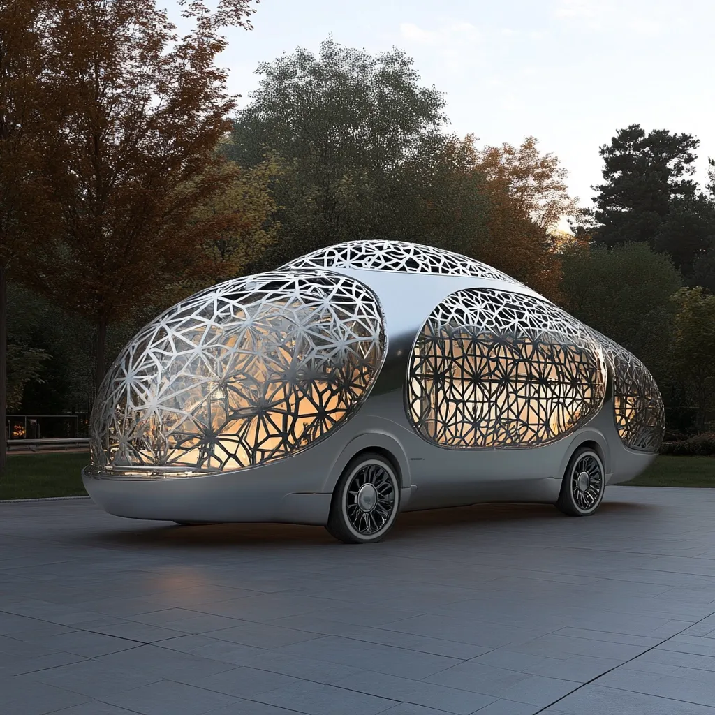 A futuristic, silver vehicle is parked on a paved surface. Its body is sculpted with intricate, geometric latticework, creating a sense of both openness and enclosure.  The design is sleek and modern, suggesting a concept car or luxury transportation. The vehicle is situated in a park-like setting, with trees in the background, enhancing its otherworldly aesthetic. The lighting suggests either dawn or dusk.