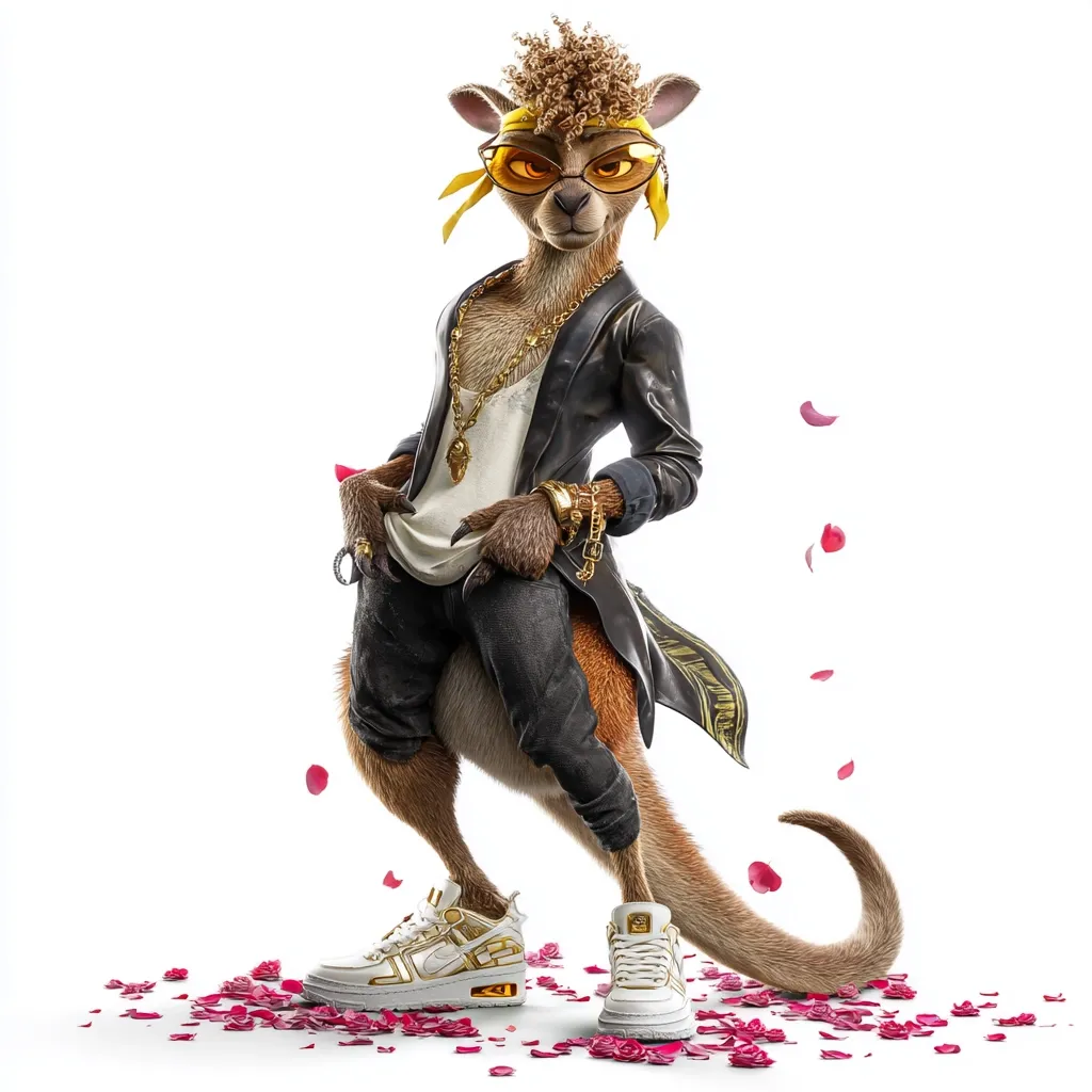 A stylish kangaroo, sporting a black leather jacket, gold jewelry, and yellow-framed sunglasses, strikes a confident pose.  Its brown fur contrasts sharply with its modern attire and white sneakers.  Rose petals scatter around its feet, adding a touch of romance to the hip-hop inspired image.  The kangaroo's expressive face and posture suggest a bold and fashionable personality.