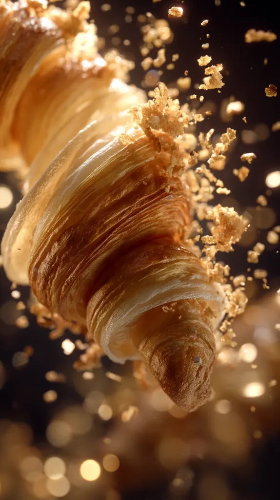 A golden-brown croissant is captured in mid-air, seemingly exploding into a shower of crumbs.  The croissant's layers are visible, showcasing its flaky texture.  The background is dark, with bokeh lights adding a warm, inviting ambiance, enhancing the feeling of buttery richness and deliciousness.  The overall effect is one of dynamic motion and sensory indulgence.
