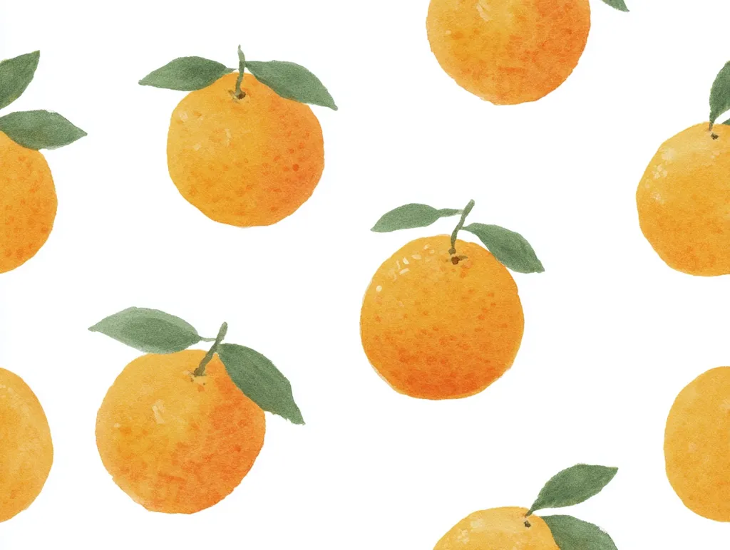 A watercolor pattern of oranges on a white background.  Each orange is depicted with vibrant, slightly textured color and green leaves attached to the stem. The oranges are realistically rendered but with a soft, painterly style. The repeating pattern is simple and creates a cheerful, fresh aesthetic.