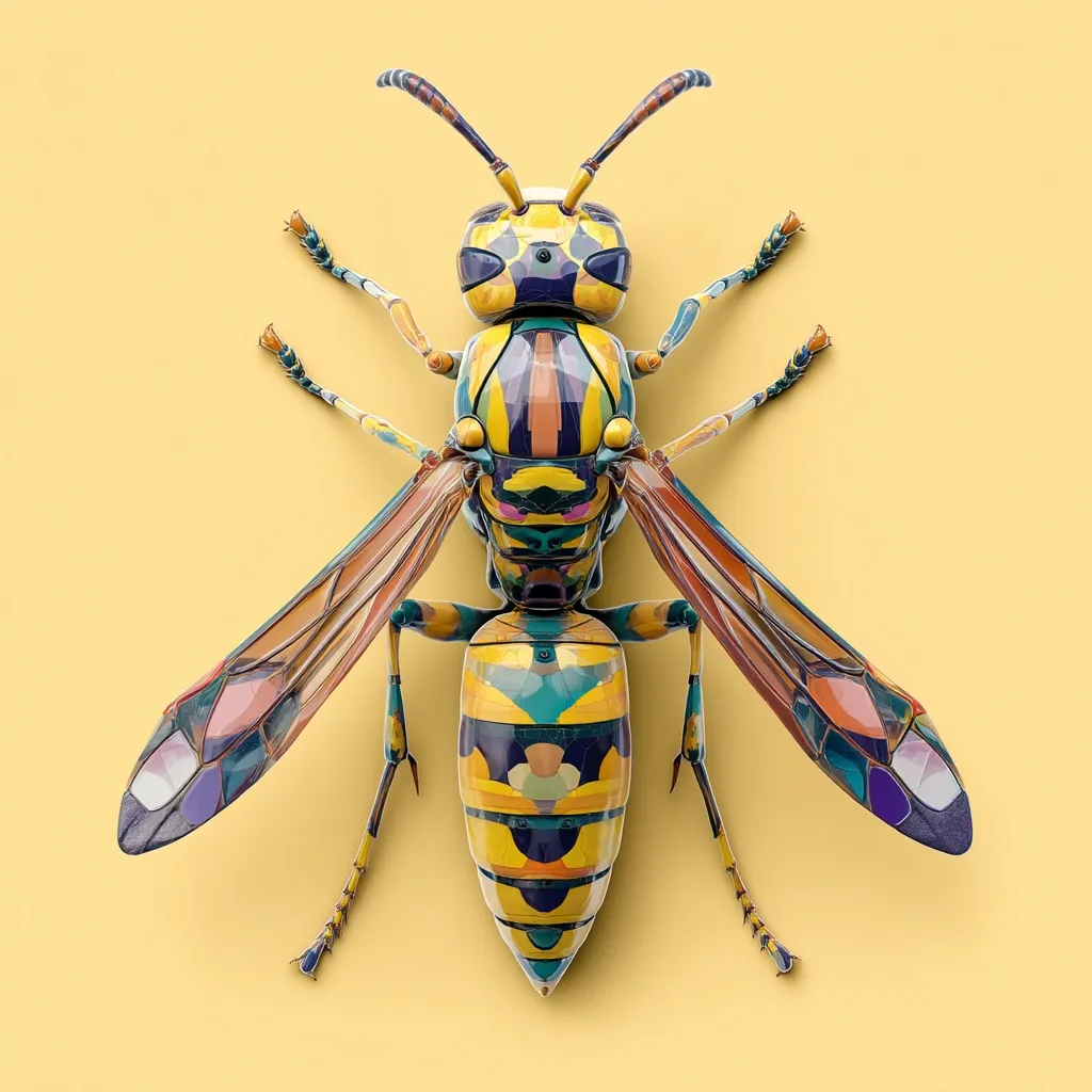 A vibrant, stylized 3D rendering of a wasp is presented against a pale yellow backdrop.  The insect's body and wings are adorned with a mosaic of multicolored geometric patterns in shades of yellow, teal, orange, purple, and black.  The intricate detail highlights a segmented body and delicate legs, creating a striking contrast between the realistic form and the artistic coloration.  The image is sharp, focusing on the wasp's detailed design.