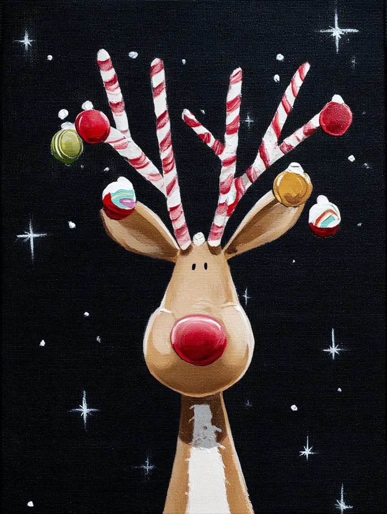 A whimsical reindeer painting is set against a black night sky speckled with white stars.  The reindeer's antlers are crafted from candy canes, adorned with colorful ornaments.  Its large, expressive red nose and light brown fur contrast against the dark background, creating a festive and charming holiday scene.  The overall style is playful and slightly cartoonish.