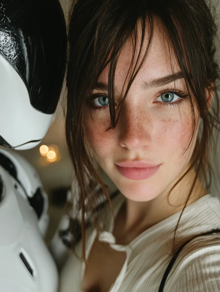 Close-up portrait of a young woman with freckles and light brown hair partially covering her face.  She has striking blue eyes and a soft smile.  Beside her is a portion of a white and black robot, suggesting a futuristic or science fiction theme. The lighting is soft and intimate, emphasizing the woman's features.
