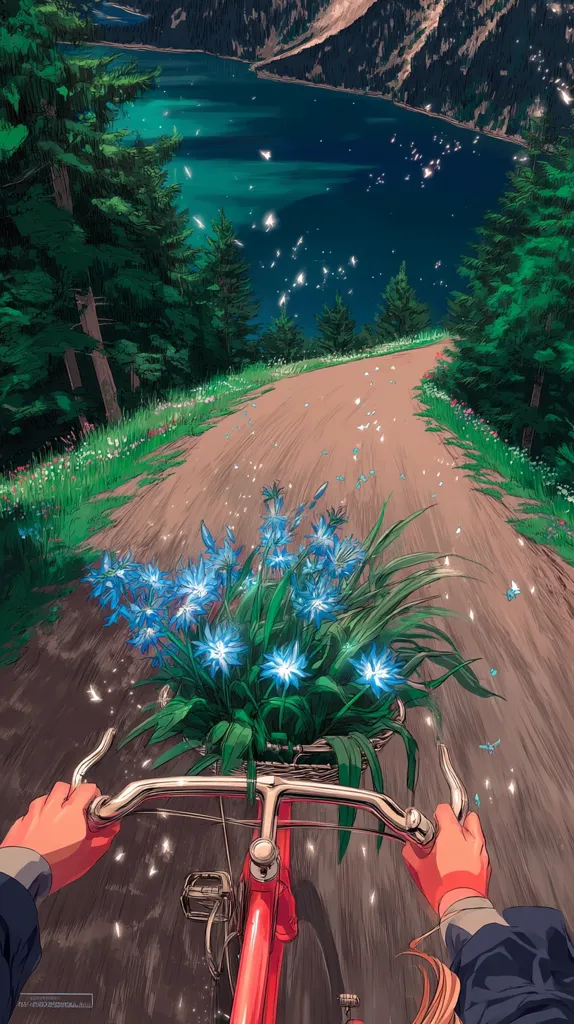 A person cycles down a scenic path, a basket of blue flowers adorning the handlebars.  The road winds through a lush green forest towards a tranquil, deep blue lake nestled against a mountain backdrop.  Fireflies or similar lights glimmer in the twilight air, creating a magical and serene atmosphere. The overall style is painterly and evokes a feeling of peace and adventure.