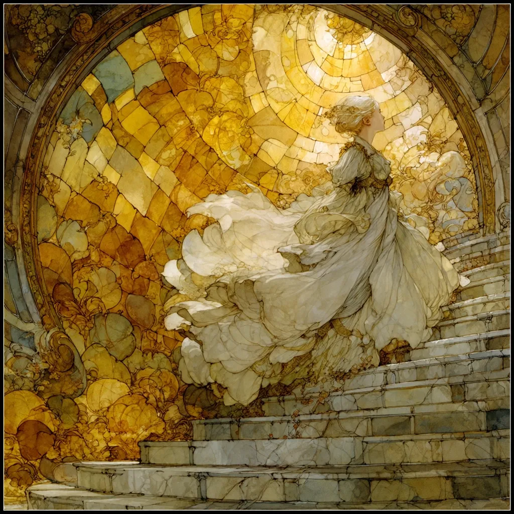 A woman in a flowing white gown ascends a grand staircase bathed in warm, golden light.  The background is a breathtaking mosaic of yellows and golds, resembling a stained-glass window or celestial dome.  Her dress billows dramatically, suggesting movement and ethereal grace. The overall style evokes Art Nouveau, with intricate details and a dreamlike atmosphere.