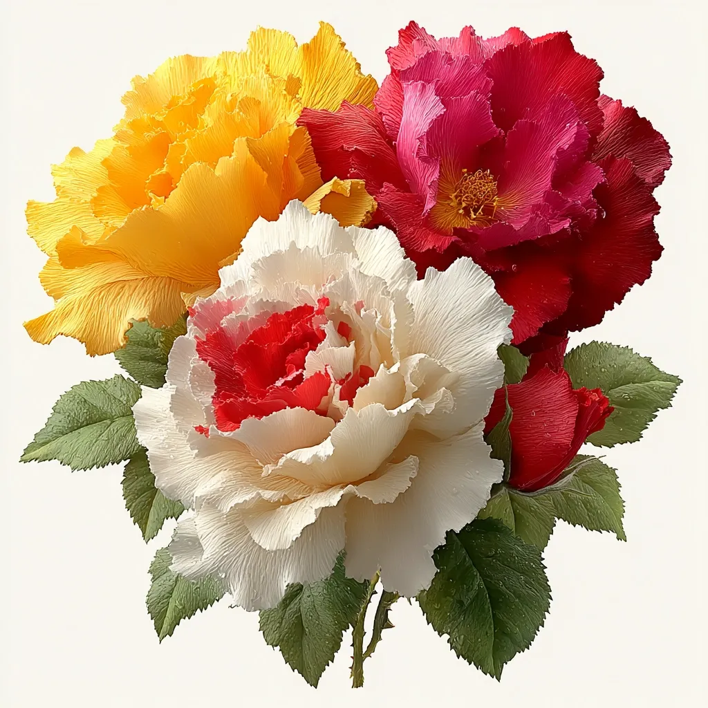 A vibrant bouquet of meticulously crafted paper roses, showcasing a striking array of colors.  A creamy white rose with red accents takes center stage, surrounded by vivid yellow and deep crimson blooms.  The detailed petals and lush green leaves create a realistic and visually stunning arrangement.  The overall effect is one of artistry and delicate beauty.