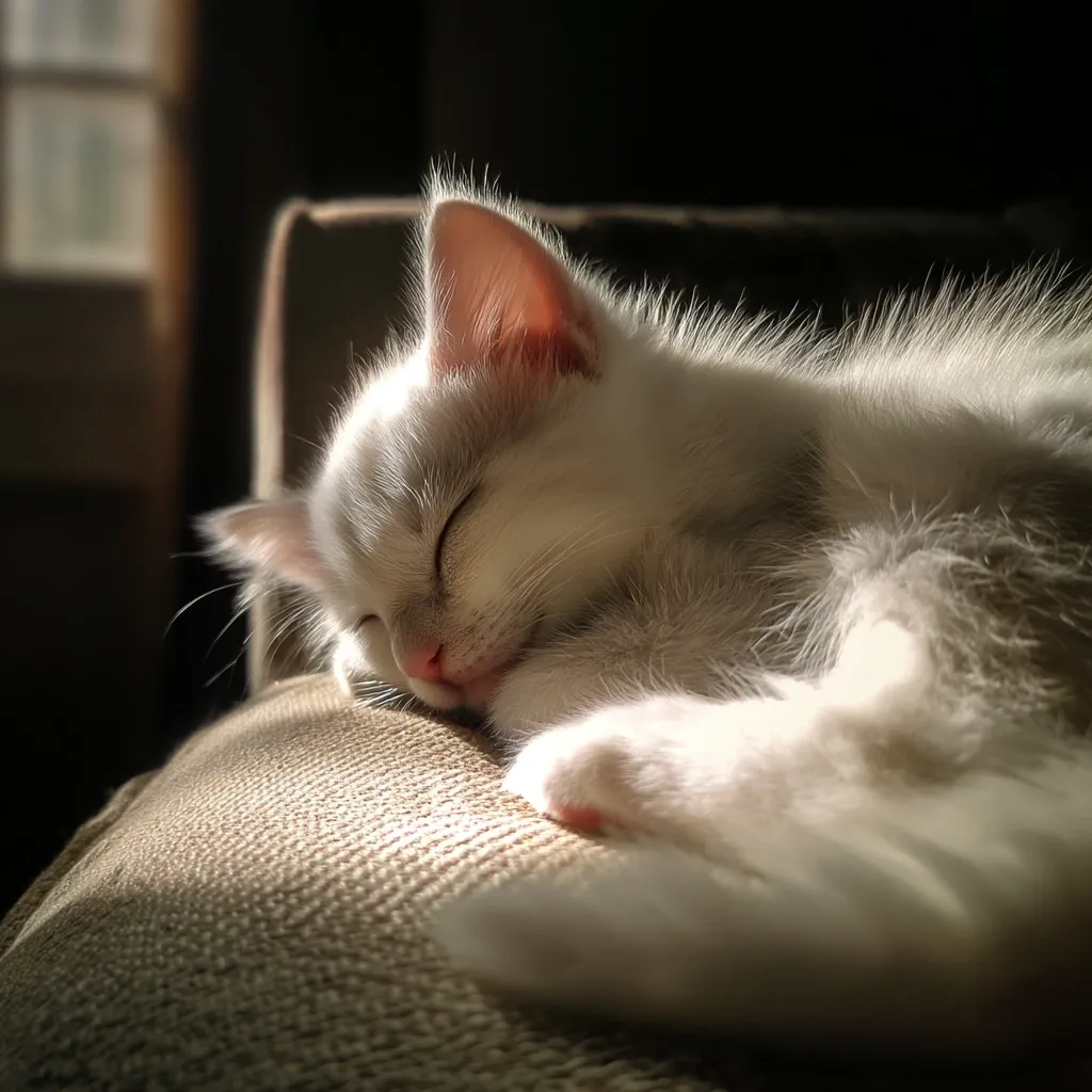 A fluffy white kitten sleeps soundly curled up on a beige cushioned surface.  Sunlight streams in, illuminating its soft fur and peaceful expression.  Its paws are tucked neatly beneath it, and its eyes are closed in slumber. The scene is tranquil and evokes feelings of warmth and comfort.
