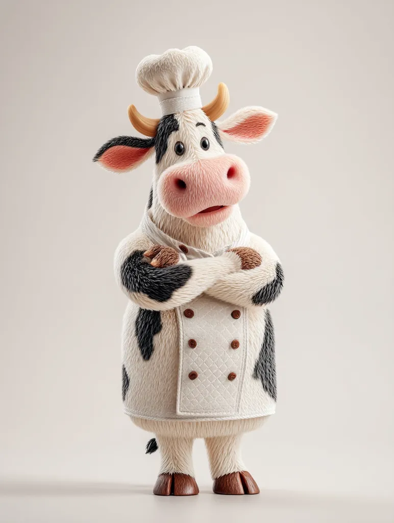 A charming 3D rendering depicts a cartoon cow dressed as a chef.  The cow, with its black and white patches and fluffy texture, wears a white chef's jacket and hat. Its arms are crossed, conveying a confident and perhaps slightly mischievous demeanor. The background is a simple, light beige, focusing attention on the endearing bovine chef.