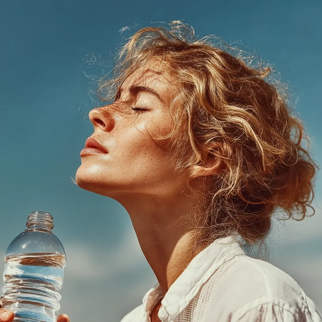 A young woman with sun-kissed skin and curly blonde hair stands against a bright blue sky.  Her eyes are closed, suggesting serenity and relaxation. She holds a bottle of water, possibly to quench her thirst on a hot day. The sun's rays illuminate her face, highlighting her freckles.  The overall image evokes a feeling of summer and carefree happiness.