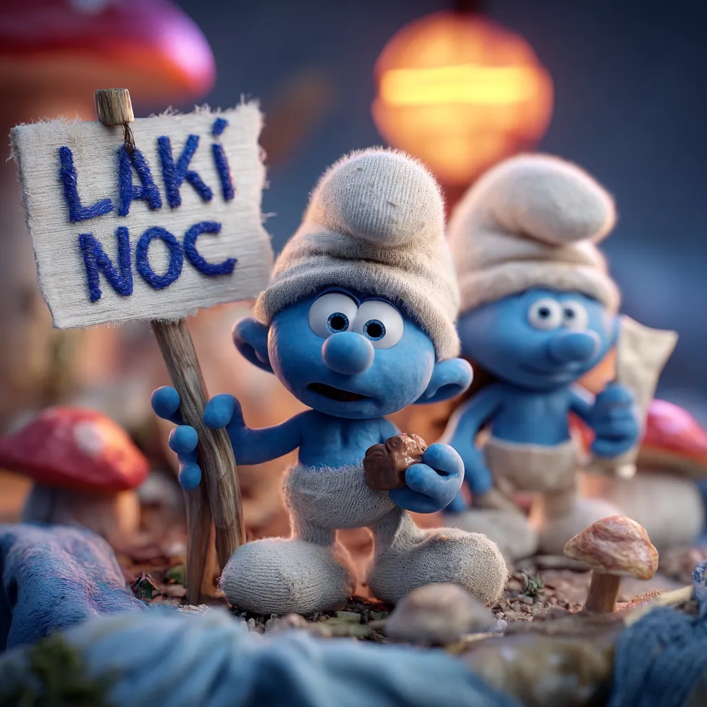 Two Smurfs, one holding a sign reading "LAKI NOC" (likely Polish for "Good Night"), stand in a whimsical mushroom forest.  The Smurf in the foreground clutches a piece of chocolate.  They wear worn socks and hats, adding to the charming, slightly rustic scene.  The warm lighting suggests a twilight setting.