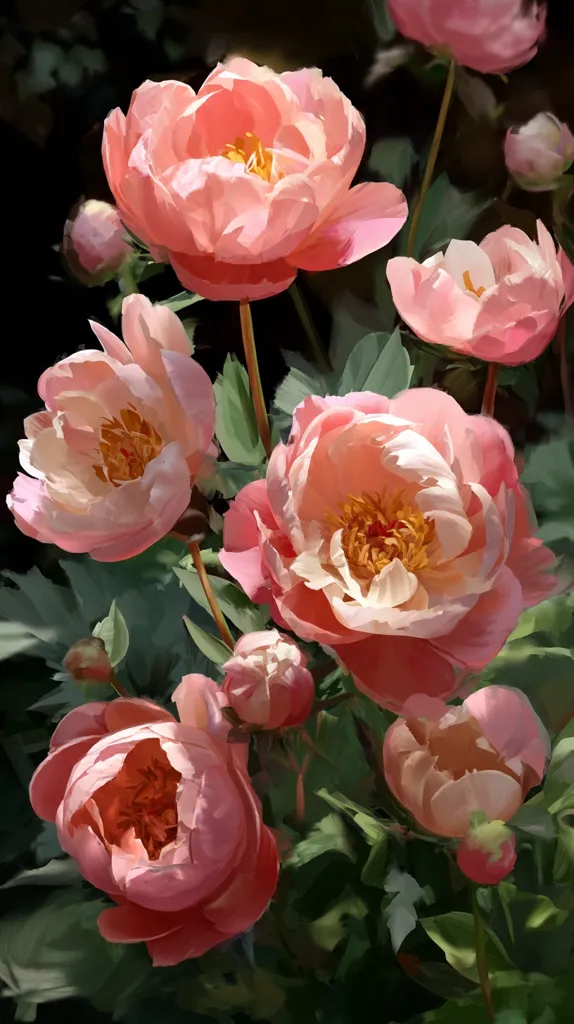 A vibrant close-up captures a cluster of delicate coral peonies in full bloom.  Their soft petals, ranging from pale pink to deeper coral hues, are illuminated by sunlight.  The lush green foliage provides a contrasting backdrop, enhancing the beauty of these blossoms.  Several unopened buds hint at more blooms to come, adding depth to the composition.  The overall impression is one of gentle beauty and natural elegance.