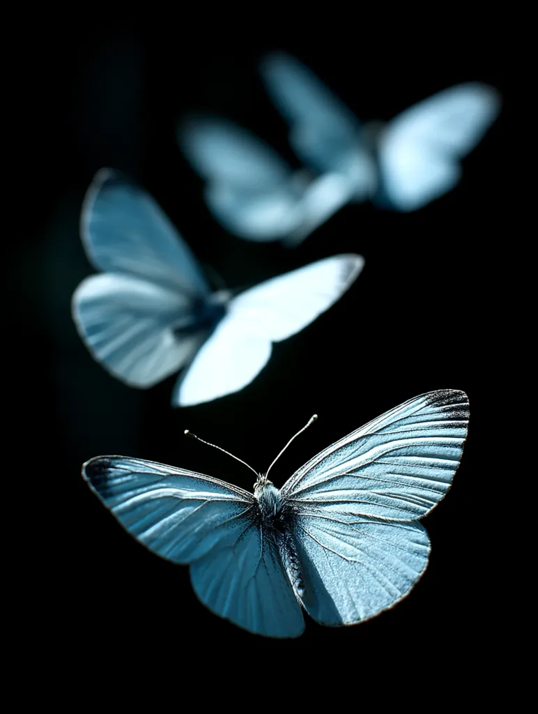 Three pale blue butterflies are captured in a dramatic, dark setting.  One butterfly is in sharp focus in the foreground, its delicate wings spread wide.  Two others are blurred in the background, creating a sense of movement and depth. The stark contrast between the light butterflies and the black background enhances their ethereal beauty.