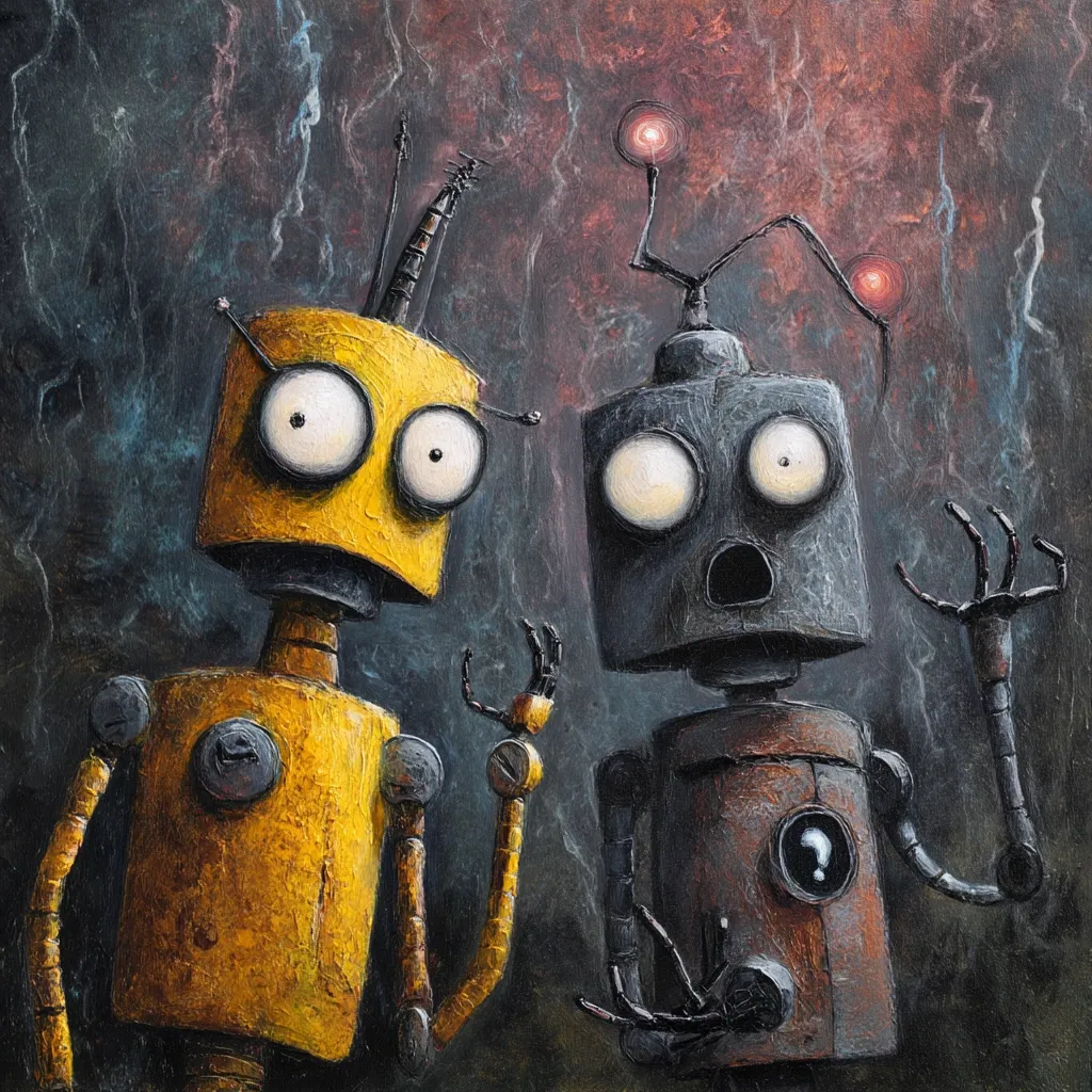 A painting of two expressive robots against a dark, smoky background.  The yellow robot looks curious, while the grey and brown robot appears startled or alarmed.  Both robots have large, expressive eyes and slightly damaged or aged appearances, suggesting a story of adventure or malfunction.  Red lights glow from antennae atop the grey robot, adding to the mysterious atmosphere.  The painting style is textured and impasto, lending a tactile quality to the scene.