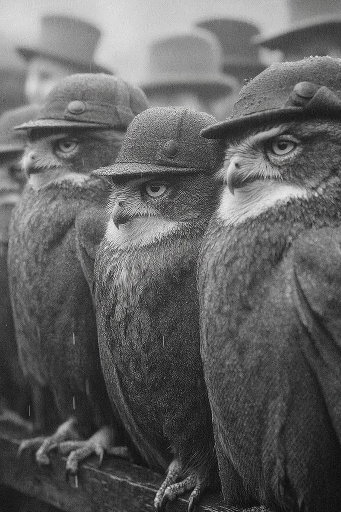 A black and white image shows three owls wearing military-style helmets.  They are lined up in a row, resembling soldiers standing at attention. The owls' serious expressions and the somber tone of the image create a poignant and somewhat surreal scene.  Rain is subtly suggested by droplets falling in the background.  The detail in the owls' feathers and the helmets is striking.