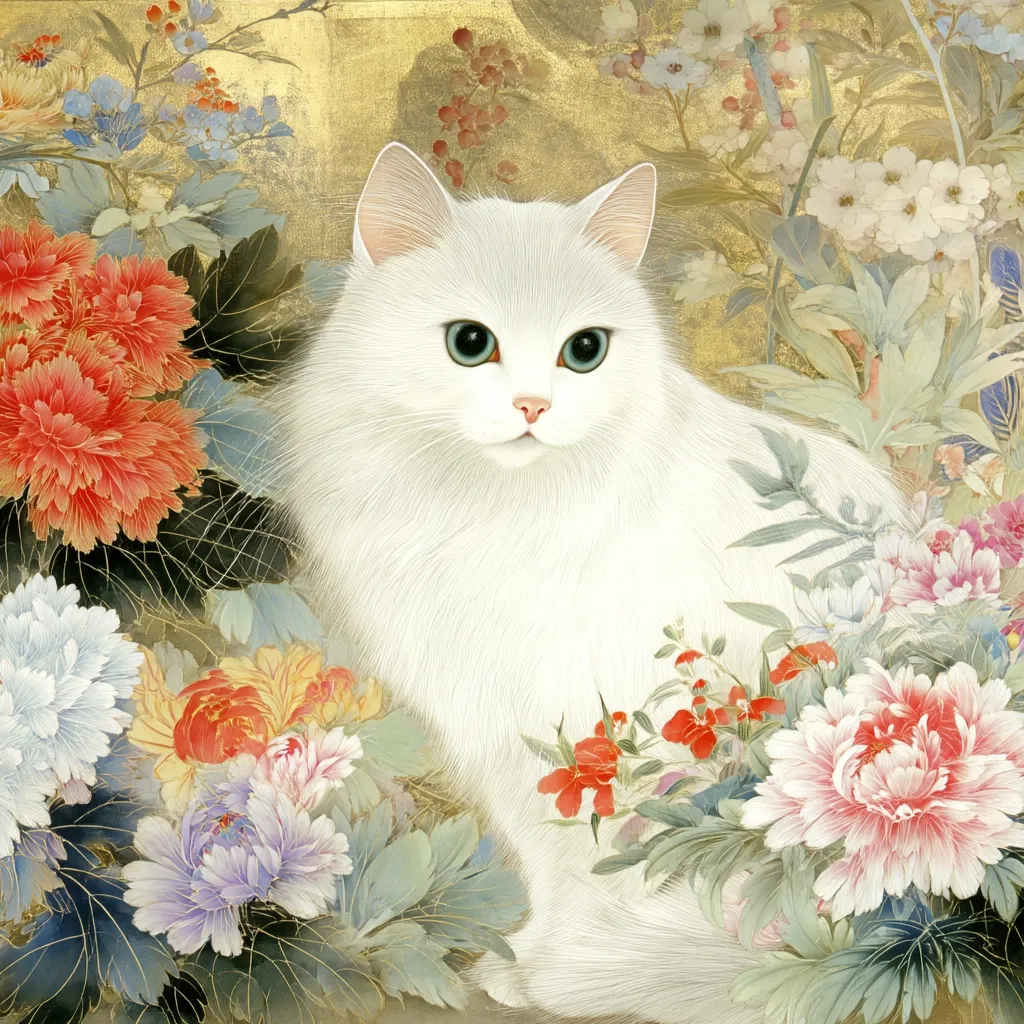 A painting depicts a fluffy white cat with striking green eyes, serenely nestled amidst a vibrant array of flowers.  The blossoms, in shades of red, pink, and purple, create a lush backdrop against a gold-tinged background.  The style suggests a blend of Eastern art techniques, emphasizing delicate brushstrokes and a harmonious balance between the cat and its floral surroundings. The overall impression is one of elegance and tranquility.