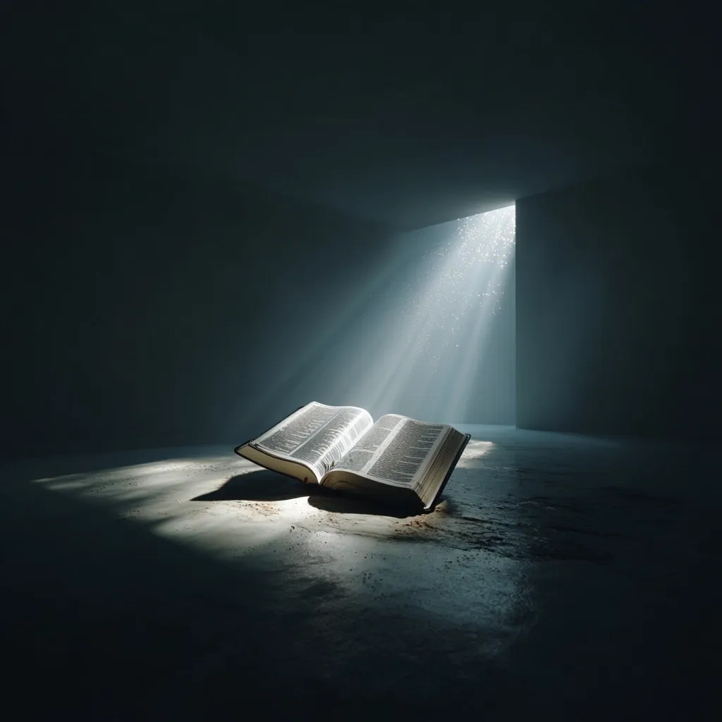 A large open book rests on a dark, textured floor, bathed in a beam of light emanating from a crack in a wall.  The scene is dark and moody, emphasizing the book as a source of illumination and knowledge.  The light suggests hope, revelation, or divine guidance emerging from the darkness. The overall atmosphere is spiritual and contemplative.