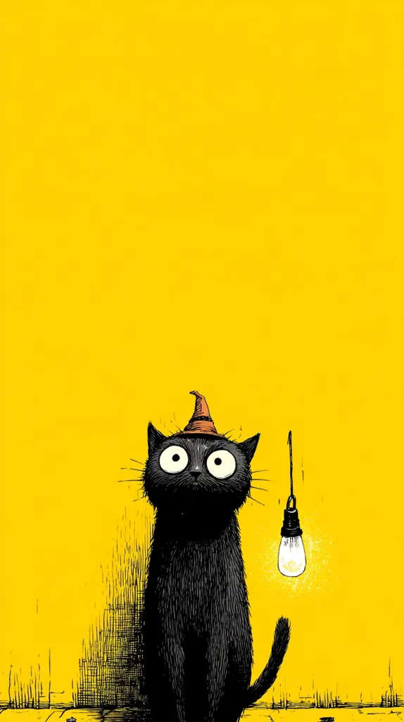 A minimalist illustration features a black cat wearing a small, pointed hat.  The cat has large, expressive eyes and sits against a vibrant yellow background.  A single, glowing light bulb hangs nearby, adding to the whimsical and slightly quirky aesthetic. The style is reminiscent of vintage cartoons or children's book illustrations.