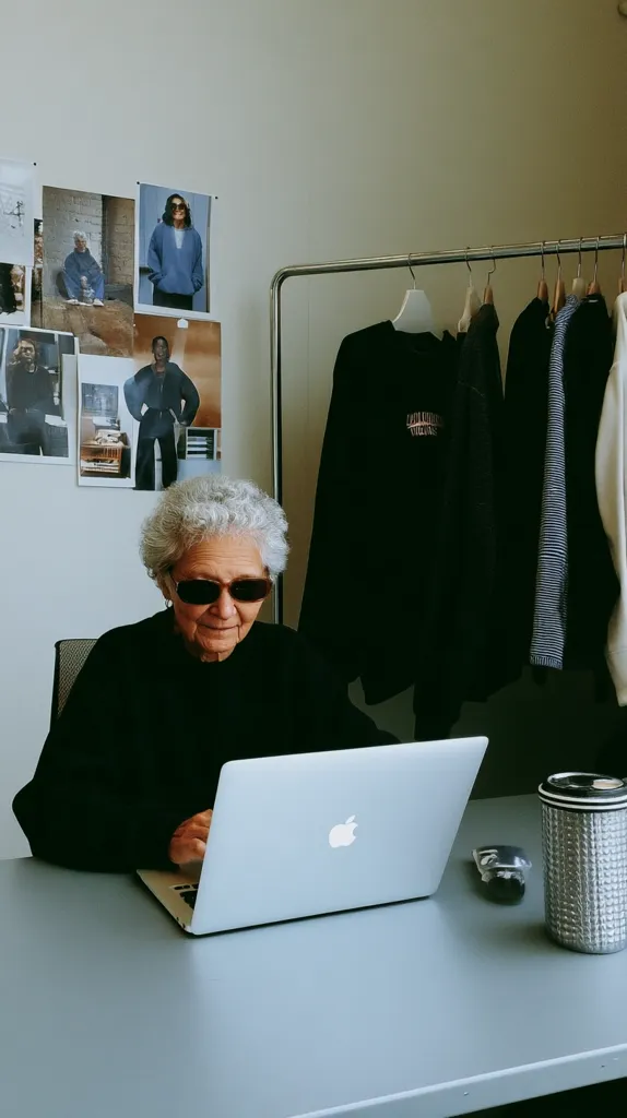 An elderly woman with short gray hair and sunglasses sits at a light blue desk, using a silver Apple laptop.  Behind her, a clothing rack displays several dark-colored garments.  The walls are adorned with various fashion-related photographs. The overall setting suggests a design studio or fashion-related workspace.