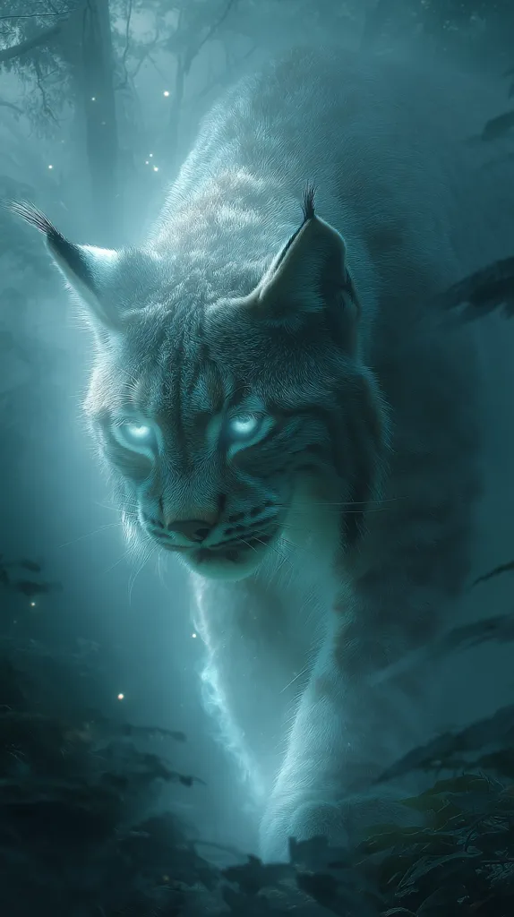 A lynx, its fur seemingly glowing, stalks through a misty forest.  Its eyes emit an ethereal light, enhancing the mystical atmosphere.  The scene is shrouded in a teal, dreamlike haze, with faint lights twinkling in the background, suggesting magic or otherworldly presence. The lynx's powerful form is partially obscured by the fog, adding to the mysterious aura.