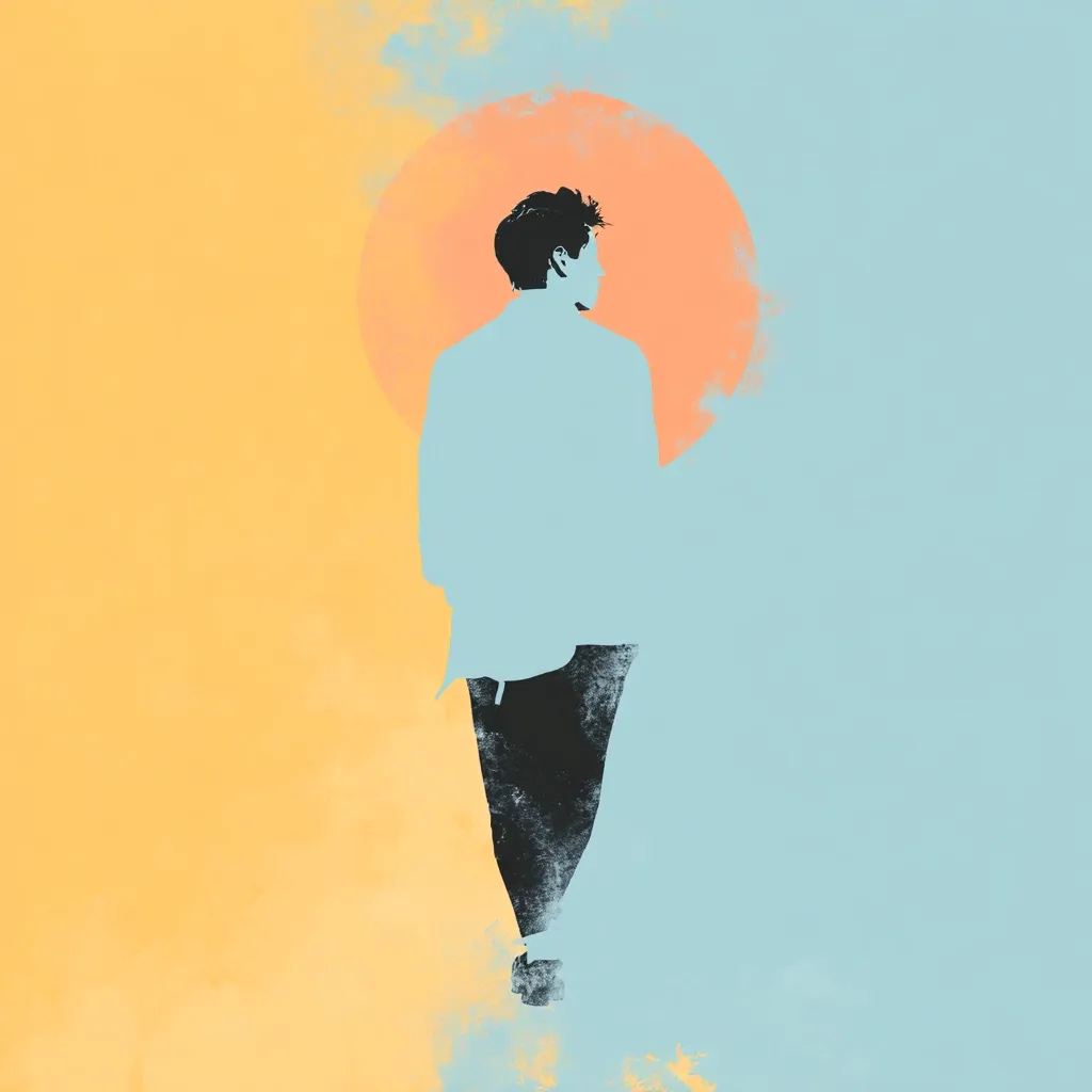 A stylized illustration depicts a person from behind, walking away from the viewer.  The figure is rendered in muted blue and black, set against a backdrop of soft yellow and light blue, divided vertically. A large, peach-colored circle, suggestive of a sun or moon, is partially overlaid on the figure, adding a dreamy, atmospheric quality to the image. The overall style is minimalist and evocative of calm contemplation.