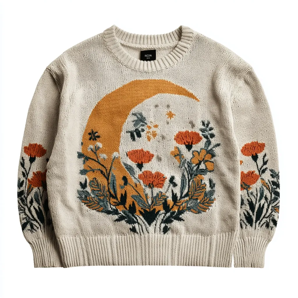 A beige knit sweater features a large embroidered crescent moon surrounded by orange and dark green flowers.  The floral design extends down the sleeves. The sweater has a crew neck and a relaxed fit. The overall aesthetic is bohemian and whimsical.