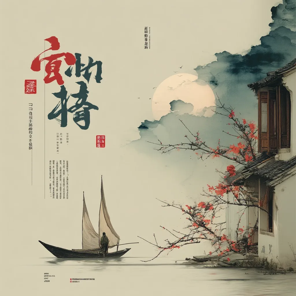 A serene Asian-inspired artwork depicts a sailboat on calm water under a large, pale moon.  A traditional-style house with blossoming branches is situated on the shore.  The style is reminiscent of East Asian ink wash painting, with soft washes of color and delicate brushstrokes creating a peaceful and atmospheric scene.  Calligraphy adds a sense of artistic depth and cultural context.