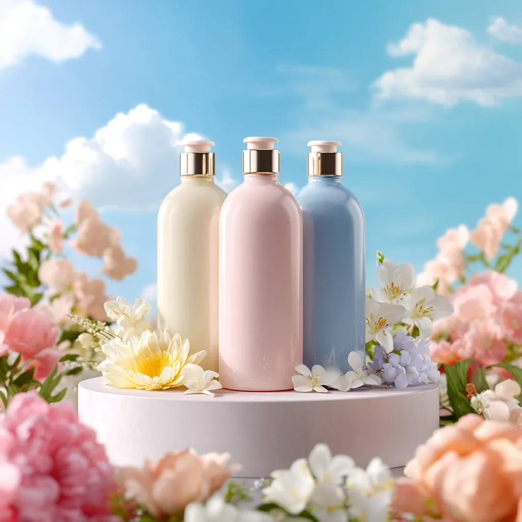 Three pastel-colored bottles of lotion or shampoo sit on a white pedestal surrounded by delicate spring flowers. The bottles are cream, pink, and light blue, each with a gold cap. The scene is set against a bright blue sky with fluffy white clouds, creating a serene and idyllic aesthetic.  The overall impression is one of freshness, femininity, and beauty.