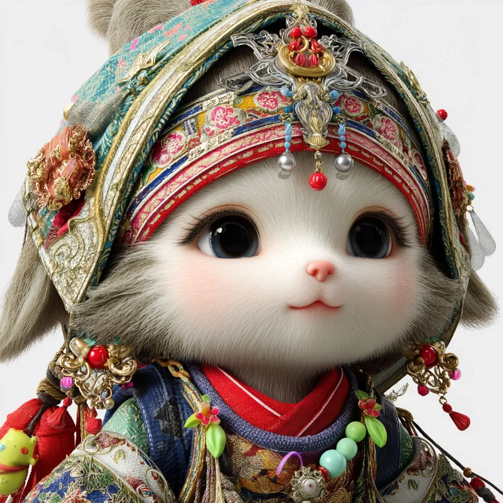 A close-up depicts a digitally rendered anthropomorphic cat, adorned in an elaborate, ornate headdress and clothing reminiscent of traditional East Asian attire.  The cat's expression is gentle and sweet, its large eyes captivating.  The intricate details of the costume, including jewels, embroidery, and rich colors, are sharply defined, creating a striking visual effect. The overall aesthetic is one of delicate beauty and fantasy.