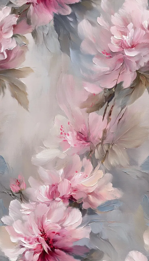 A delicate oil painting showcases a profusion of pale pink blossoms, possibly peonies or cherry blossoms.  The artist employs loose brushstrokes and a soft color palette of pinks, grays, and muted greens, creating a dreamy, impressionistic effect.  The flowers are densely clustered, overlapping and creating a sense of depth and movement. The overall style is romantic and evokes a feeling of serene beauty.