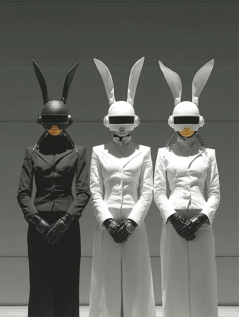 Three figures stand in a row, each wearing a white rabbit-ear helmet and a long, tailored outfit.  The central and right figures are dressed in white, while the left figure wears black.  All three have black gloves clasped in front of them.  The minimalist setting and monochromatic color scheme create a stark, futuristic aesthetic.