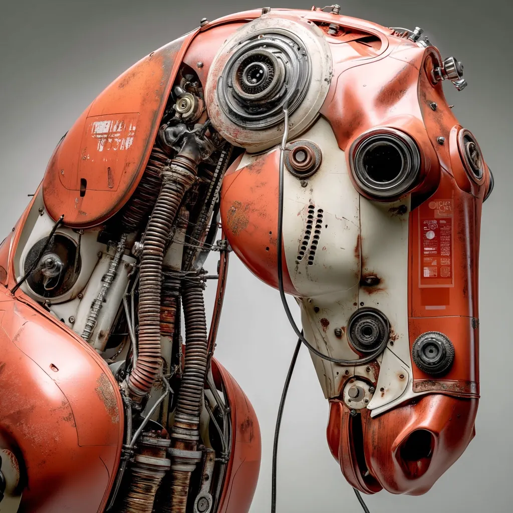 Close-up of a robotic horse head, predominantly orange and white with exposed mechanical parts.  The intricate design shows wear and tear, suggesting age or battle damage.  Visible are numerous pipes, gears, and other components, hinting at a complex internal system. The overall aesthetic is steampunk or post-apocalyptic.