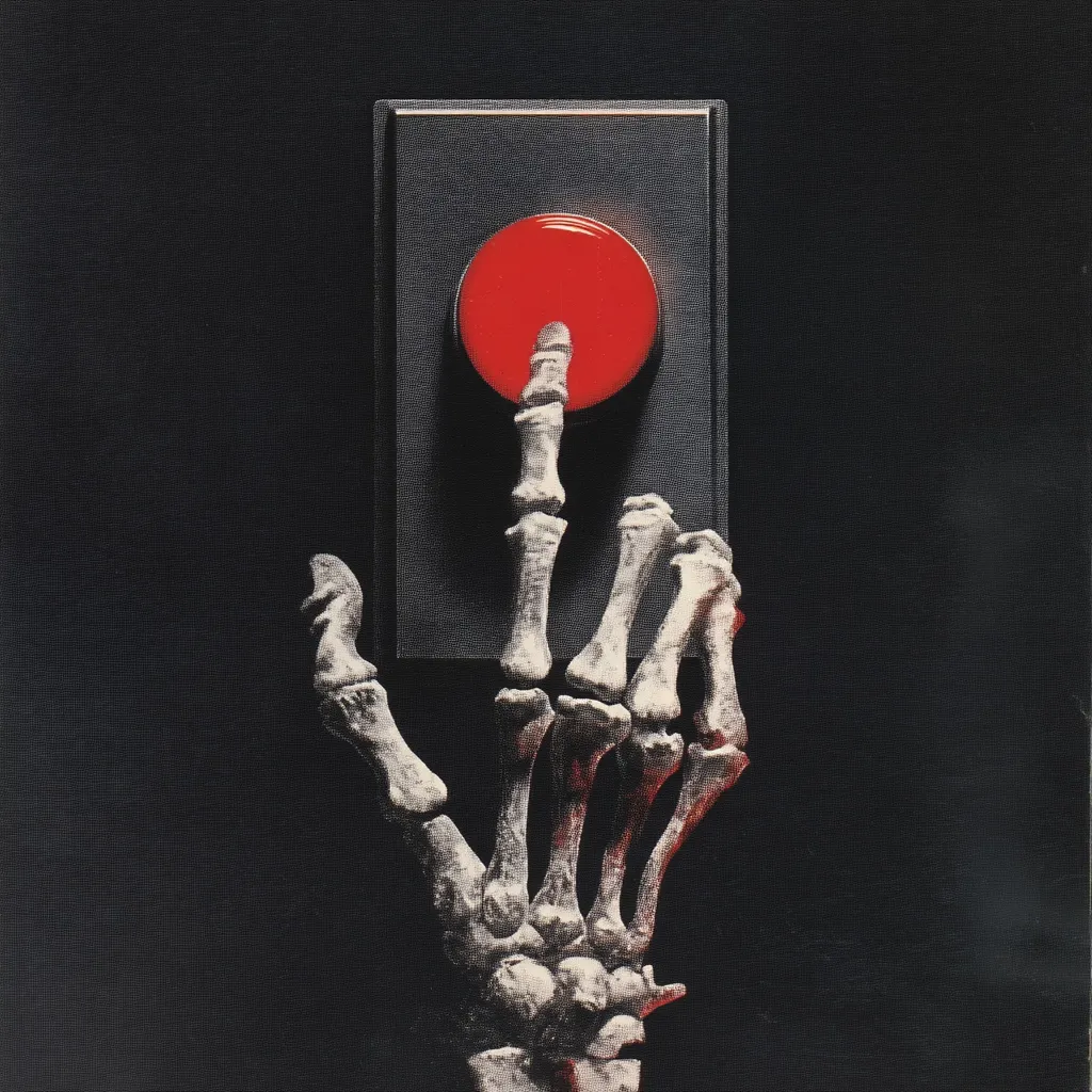 A skeletal hand, seemingly lifeless, presses a large, ominous red button on a dark gray box. The stark contrast between the hand's bone-white color and the button's vibrant red creates a dramatic and eerie image. The dark background emphasizes the macabre scene, suggesting impending doom or a fateful decision. The overall aesthetic is gothic and unsettling.