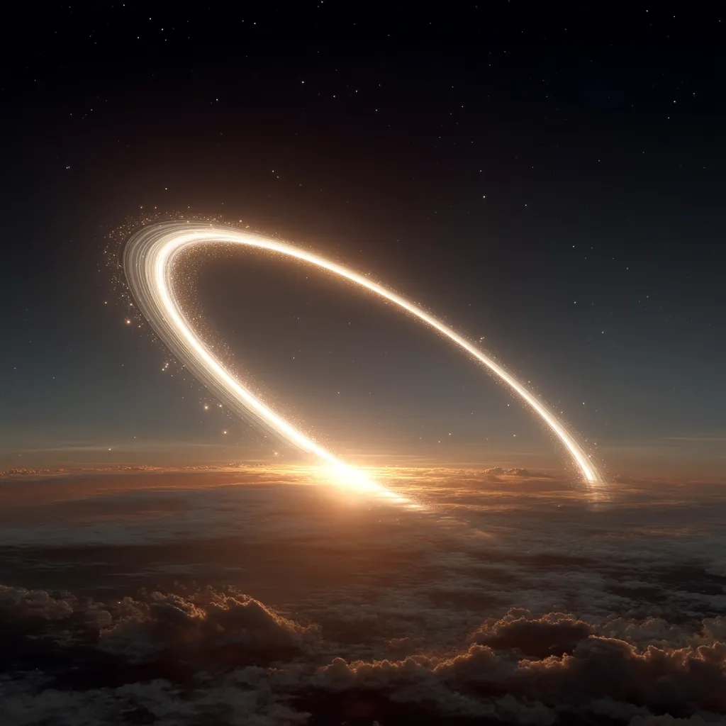 A breathtaking celestial scene unfolds: a luminous, golden ring of light arcs across a dark, star-studded sky, descending towards a sunlit horizon above a vast expanse of clouds.  The ring's ethereal glow illuminates the lower atmosphere, creating a dramatic contrast between the cosmic expanse and the terrestrial clouds below. The image evokes a sense of wonder and mystery, hinting at a fantastical or otherworldly event.