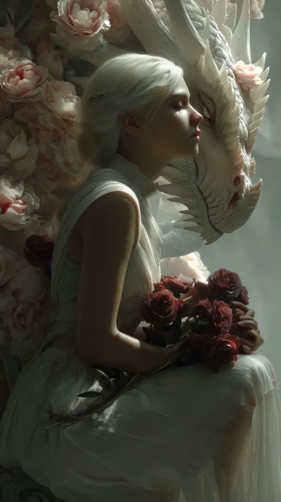 A young woman with pale skin and white hair sits nestled against a large, white dragon amidst a profusion of blush-toned roses.  She wears a flowing white gown and holds a bouquet of deep red roses. The scene is dreamlike and ethereal, bathed in soft, muted light, creating a sense of serene intimacy between the woman and the mythical creature.