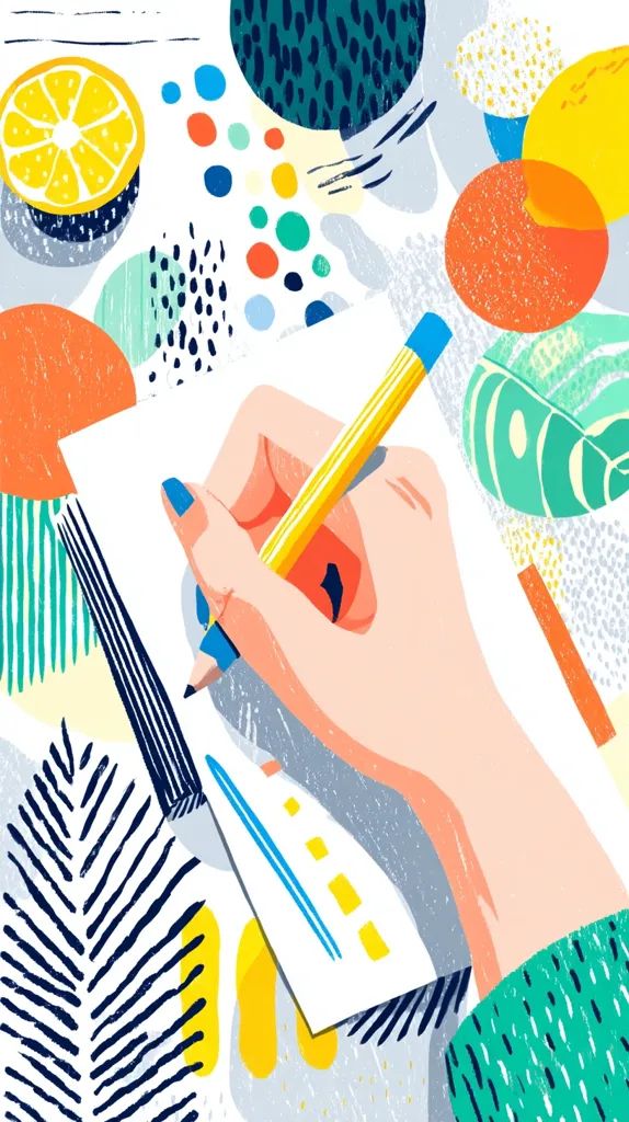 A hand with painted nails holds a yellow pencil, sketching on a white pad amidst a vibrant, abstract background.  The backdrop features colorful shapes, dots, lines, and textured patterns, including lemon slices and stylized leaves. The overall style is playful and energetic, suggesting creativity and artistic expression.