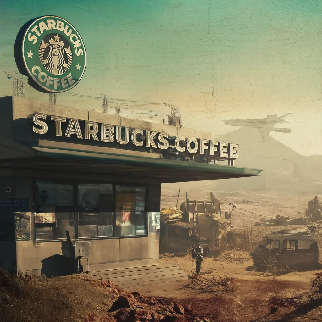 A weathered Starbucks coffee stand stands amidst a desolate, post-apocalyptic landscape.  The iconic green logo is prominently displayed above the building's entrance.  Broken-down vehicles and debris surround the structure, suggesting a scene of destruction and survival. A lone figure walks in the distance, highlighting the isolation and harshness of the environment.  A futuristic aircraft hovers faintly in the dusty sky.
