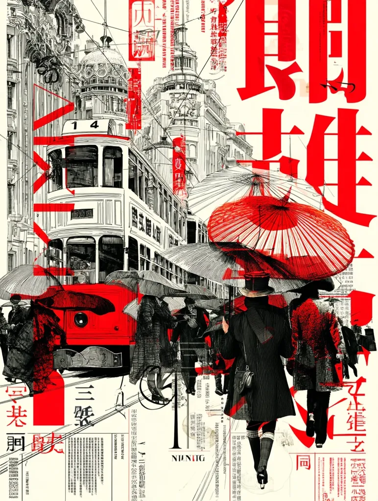 A striking graphic design depicts a vintage tram in a bustling Asian city street scene.  Red accents and stylized text contrast with the black and white illustration of people with umbrellas, creating a vibrant, almost collage-like effect.  The overall style suggests a historical or nostalgic theme, possibly referencing a specific time period or location in Asia.  The bold typography is prominent, adding to the piece's dramatic impact.