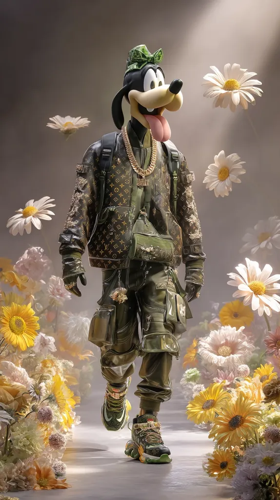 A stylized Goofy, sporting a Louis Vuitton-esque jacket and cargo pants, struts down a runway amidst a vibrant floral backdrop.  He's adorned with gold chains and trendy sneakers, presenting a unique blend of cartoon character and high fashion.  The scene is brightly lit, enhancing the surreal juxtaposition of the character and the setting.