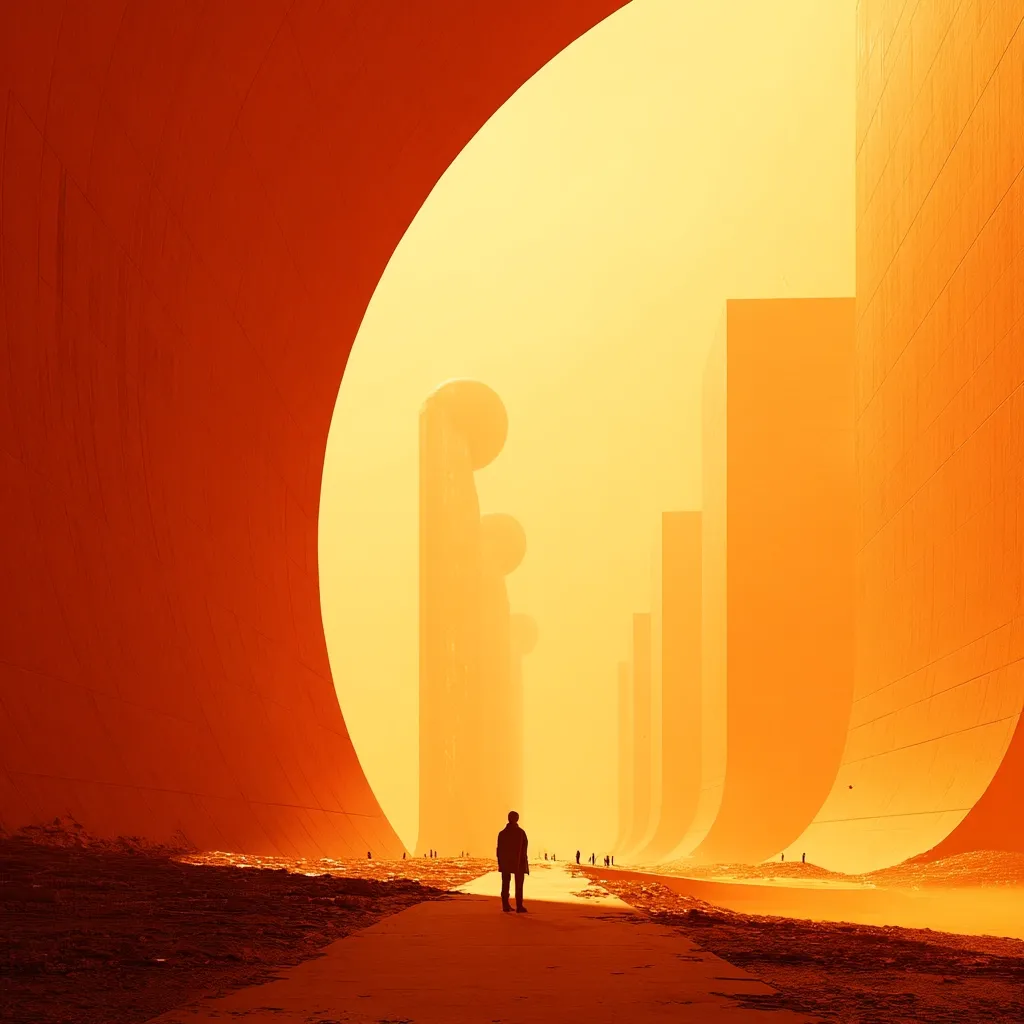 A lone figure stands on a path within a futuristic, orange-hued canyon.  Tall, cylindrical structures rise in the distance, bathed in a hazy, golden light. The walls curve dramatically overhead, creating a tunnel-like effect.  A few other tiny figures are visible in the distance, adding to the sense of scale and isolation. The overall atmosphere is surreal and somewhat desolate.