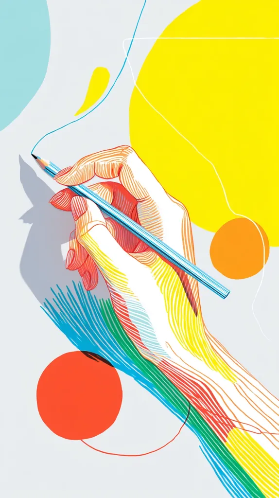 A stylized illustration shows a hand holding a pencil, sketching a line against a background of colorful abstract shapes. The hand and pencil are rendered in vibrant lines of red, yellow, and blue, echoing the circular and organic forms behind them.  The overall style is graphic and bold, suggesting creativity and artistic expression.